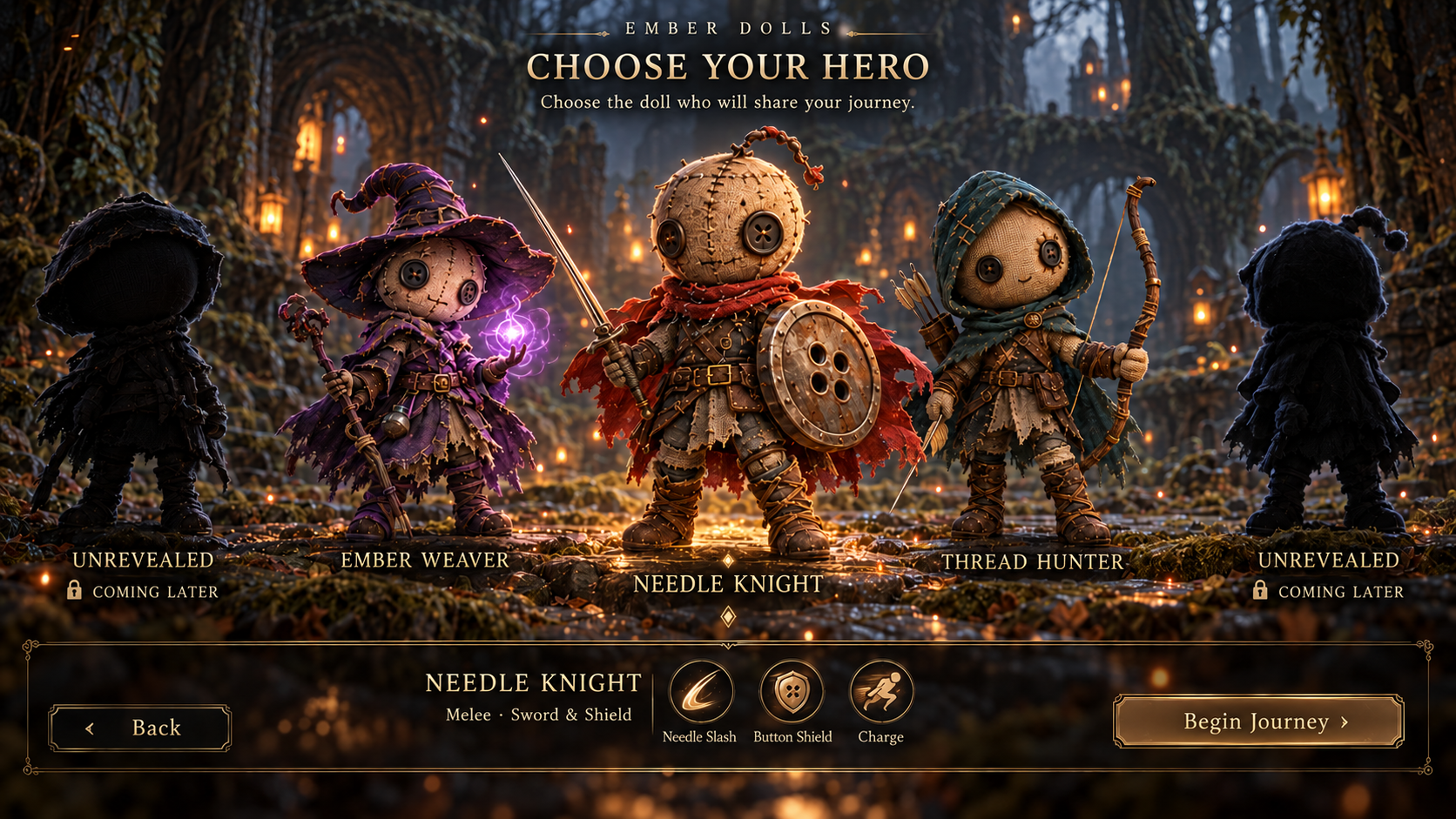 Character selection artwork featuring the Ember Weaver, Needle Knight and Thread Hunter